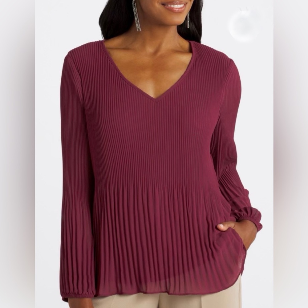 NWOT Fortune + Ivy Deep Red Pleated V-Neck Blouse